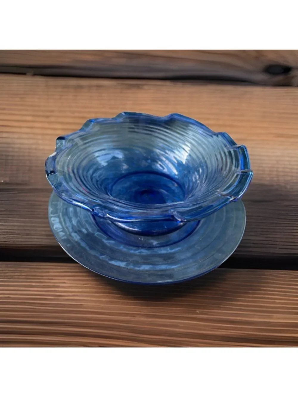 Vintage Cobalt Blue Hand Blown Swirl Glass Bowl With Saucer Unsigned